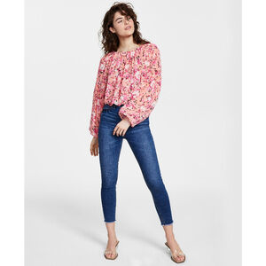 Bar III Women's XXS Pink Floral Print Boat Neck Chiffon Peasant Top NWT